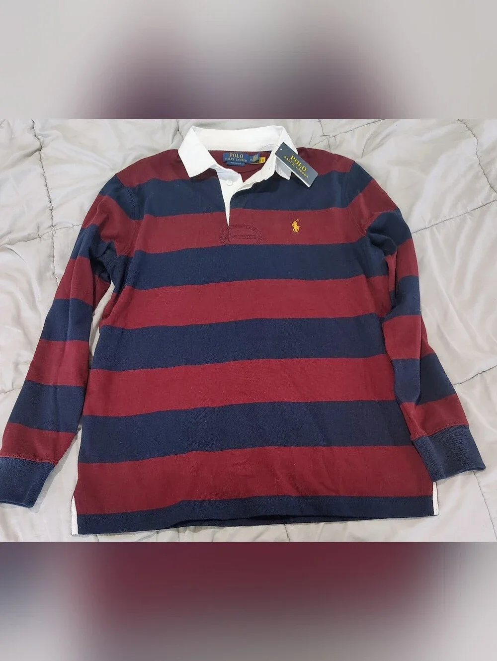 Ralph Lauren Men’s Burgundy & Navy Striped Rugby Shirt Size Medium NWT
